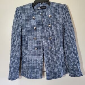 Zara Blue & White Tweed Double-Breasted Blazer